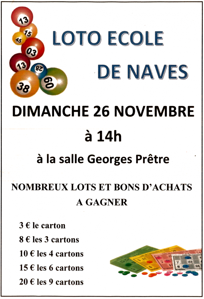 Dimanche 26 novembre 2017 à 14h : LOTO DE L’ECOLE